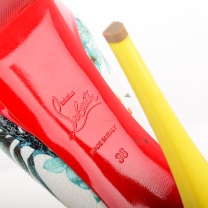 Christian Louboutin Crackled Calfskin Patent Hawaii Print Lady Peep Sling 150 Pumps 36 Version White 5 of 6