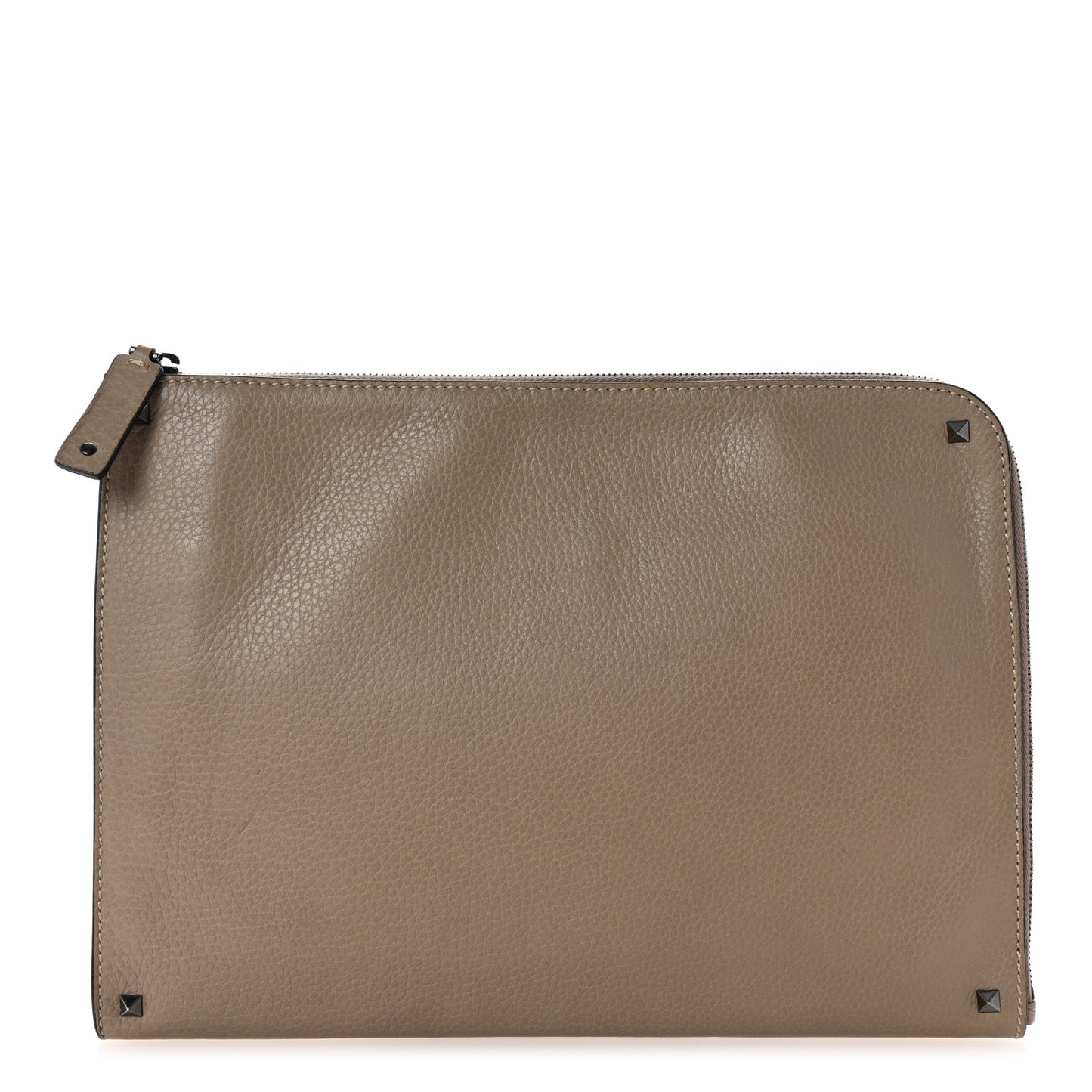 Grained Calfskin Large Rockstud Zip Document Pouch Beige