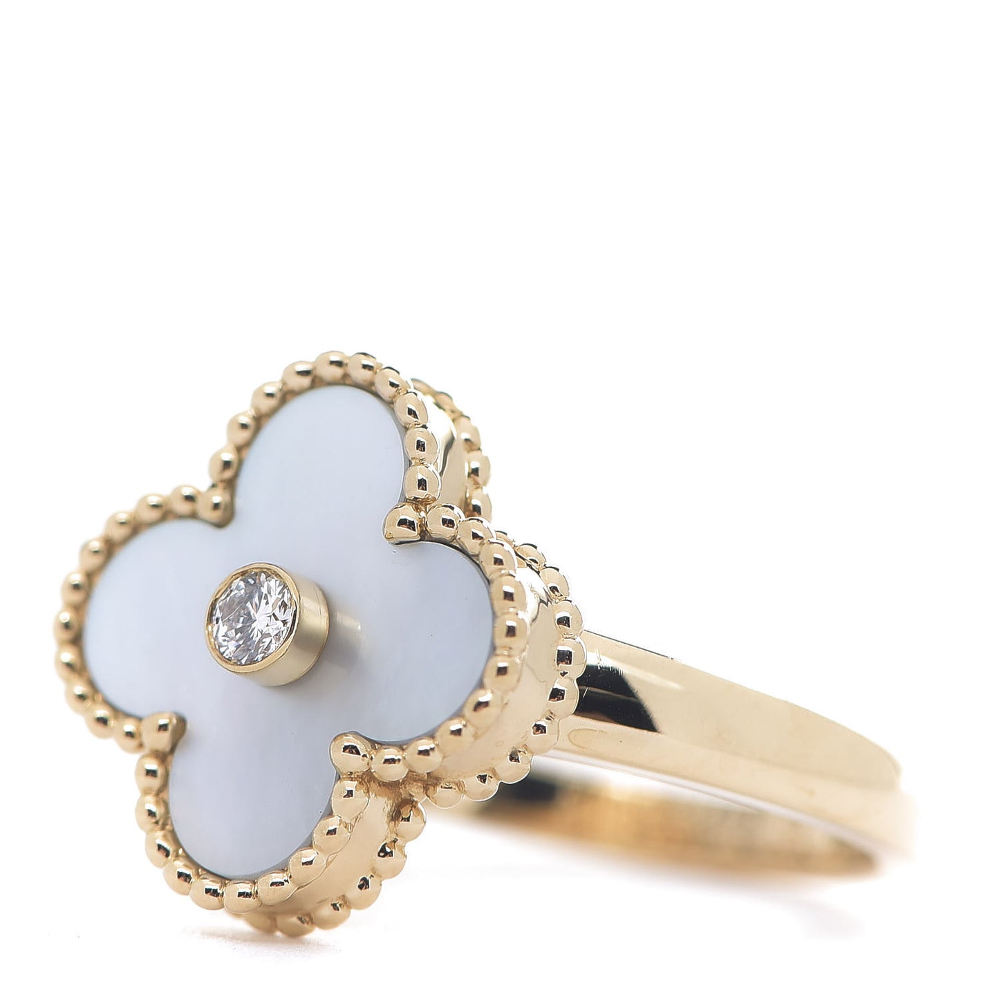 18K Yellow Gold Diamond Mother of Pearl Vintage Alhambra Ring 52 6