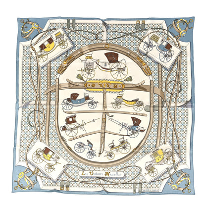 Hermes Silk Les Voitures Nouvelles Scarf 70 Blue Pale White 1 of 4