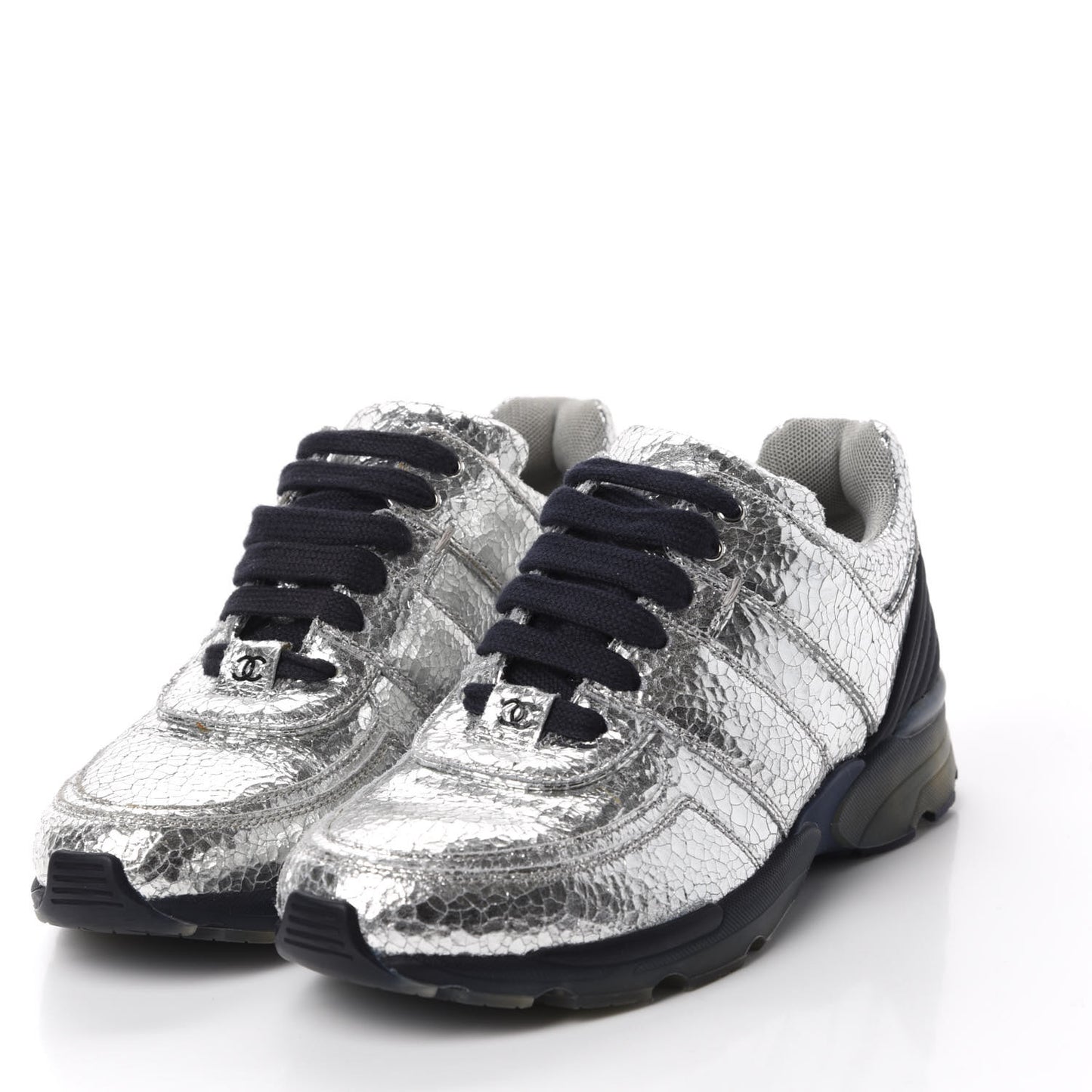 Metallic Crackled Calfskin CC Sneakers 36.5 Silver Black Navy