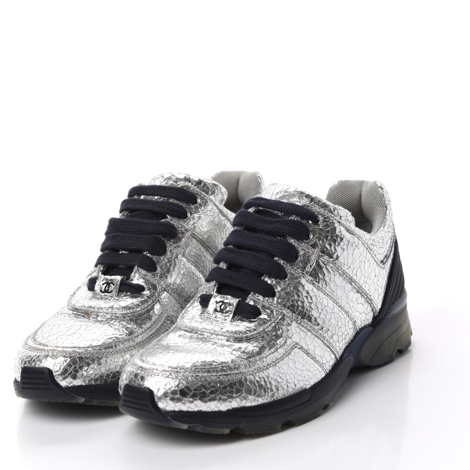 Chanel Metallic Crackled Calfskin CC Sneakers 36.5 Silver Black Navy 3 of 9