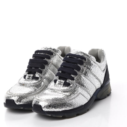 Chanel Metallic Crackled Calfskin CC Sneakers 36.5 Silver Black Navy 3 of 9