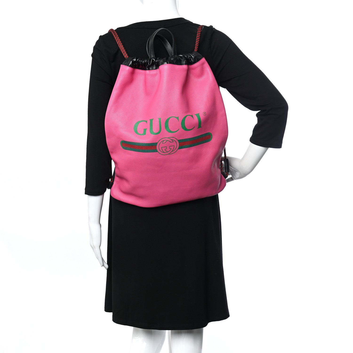 Gucci Grained Calfskin Logo Drawstring Backpack Box Pink Green Black 2 of 8