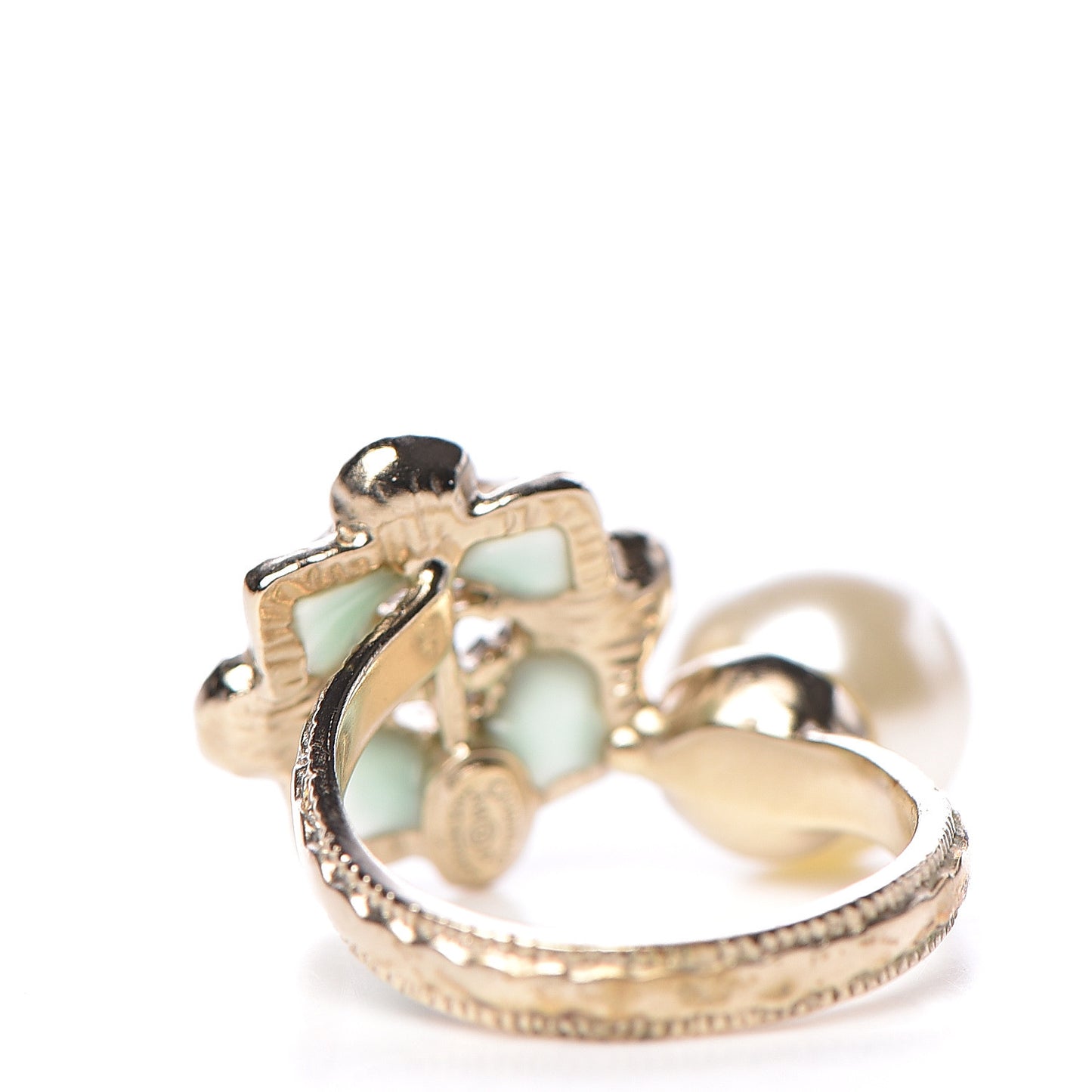 Gripoix Pearl CC Ring 6.75 Gold Green