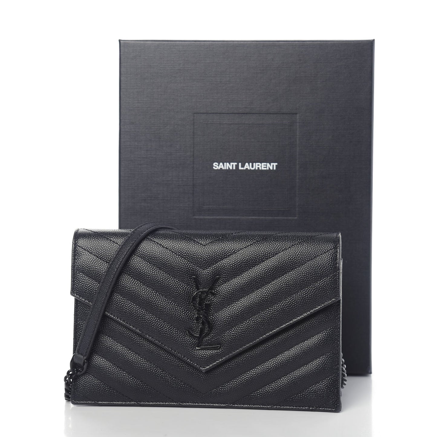 Grain De Poudre Matelasse Chevron Monogram Envelope Chain Wallet Black