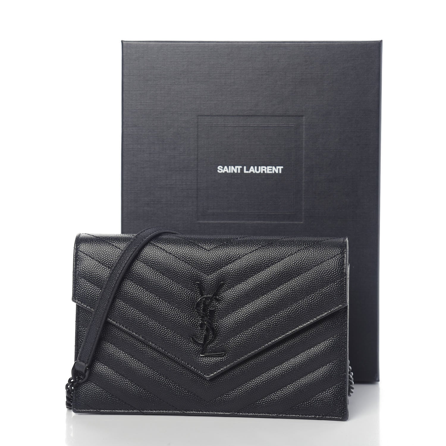 Saint Laurent Grain De Poudre Matelasse Chevron Monogram Envelope Chain Wallet Black 10 of 10