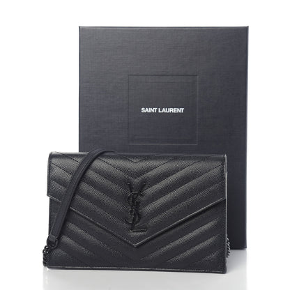 Saint Laurent Grain De Poudre Matelasse Chevron Monogram Envelope Chain Wallet Black 10 of 10