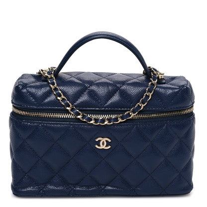 Chanel Caviar Quilted Top Handle Slim Vanity With Chain Navy 1 of 10