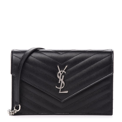 Saint Laurent Grain De Poudre Matelasse Chevron Monogram Envelope Chain Wallet Black 1 of 10