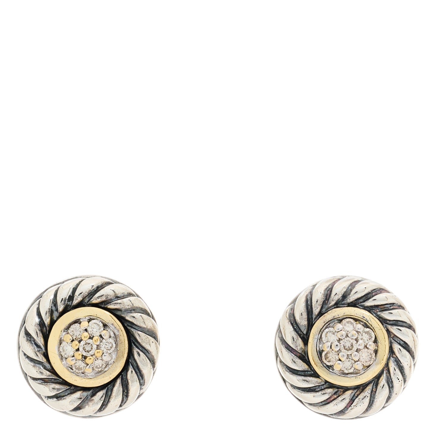David Yurman Sterling Silver 18K Yellow Gold Diamond Cookie Cable Earrings 1 of 4