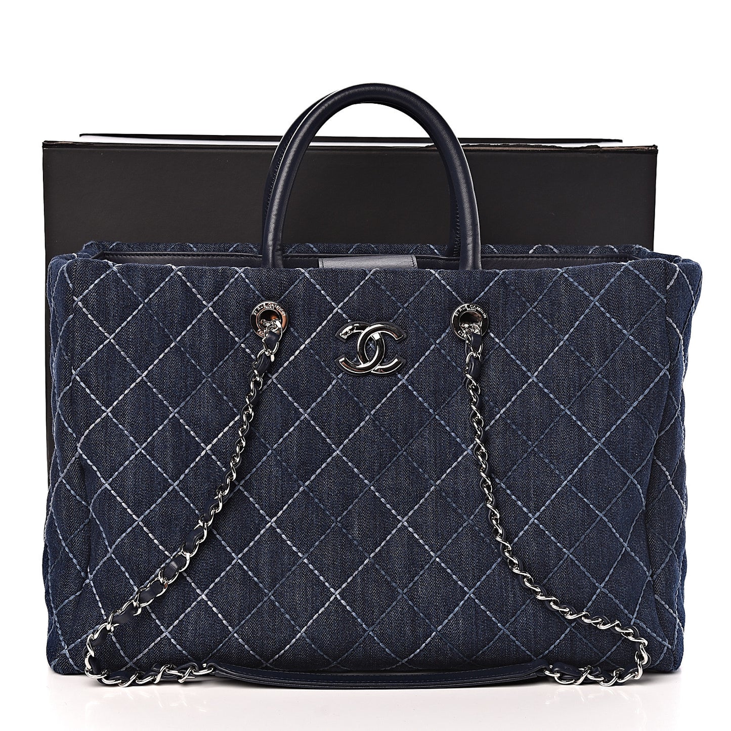 Denim Quilted Large Coco Handle Shopping Tote Blue