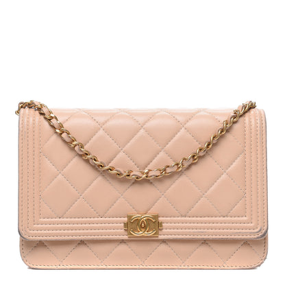 Chanel Lambskin Quilted Boy Wallet On Chain WOC Beige 1 of 12