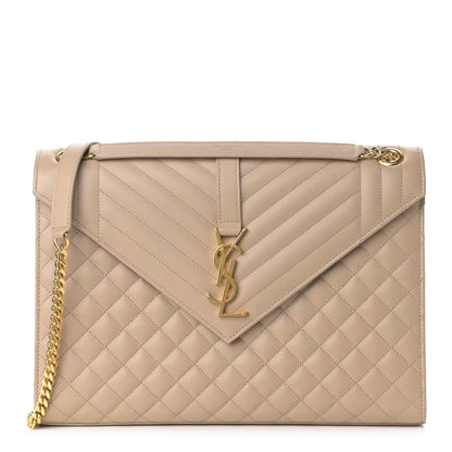 Saint Laurent Grain De Poudre Mixed Matelasse Large Triquilt Monogram Satchel Dark Beige 1 of 10