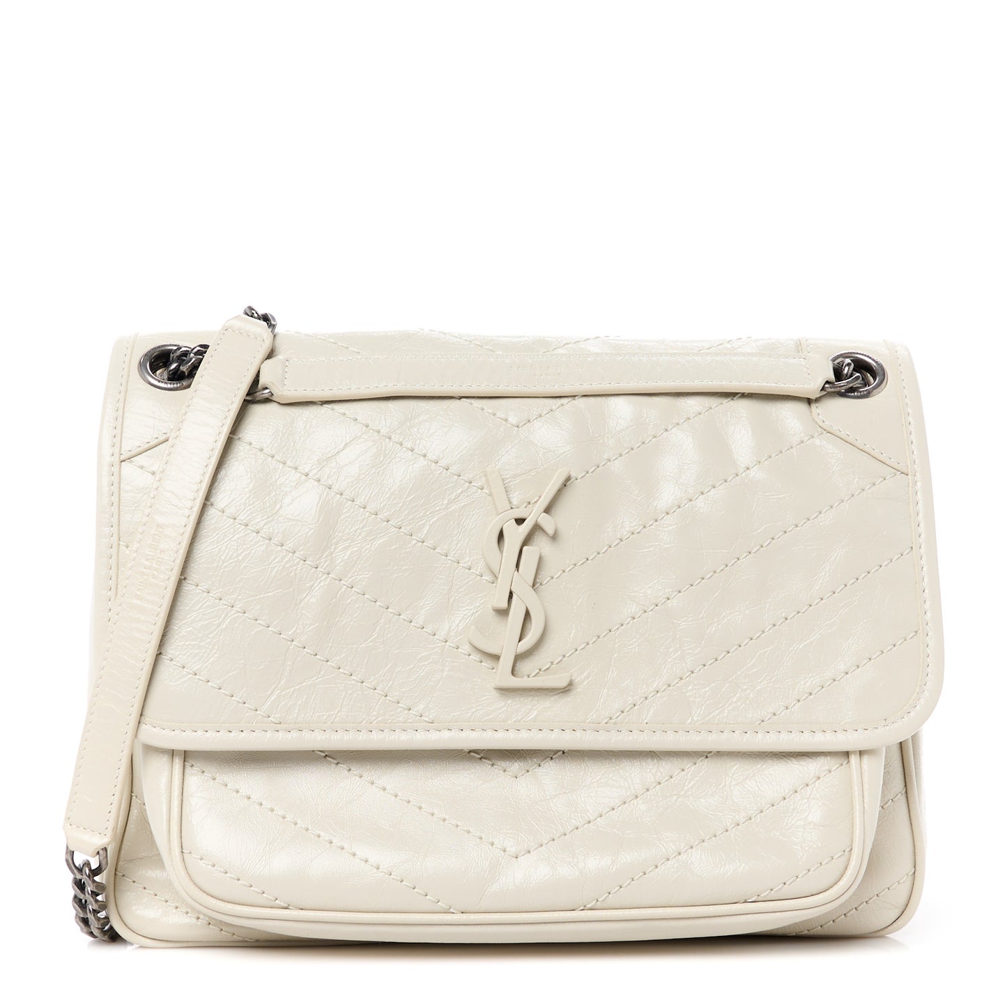Crinkled Calfskin Matelasse Monogram Medium Niki Chain Satchel Crema Soft