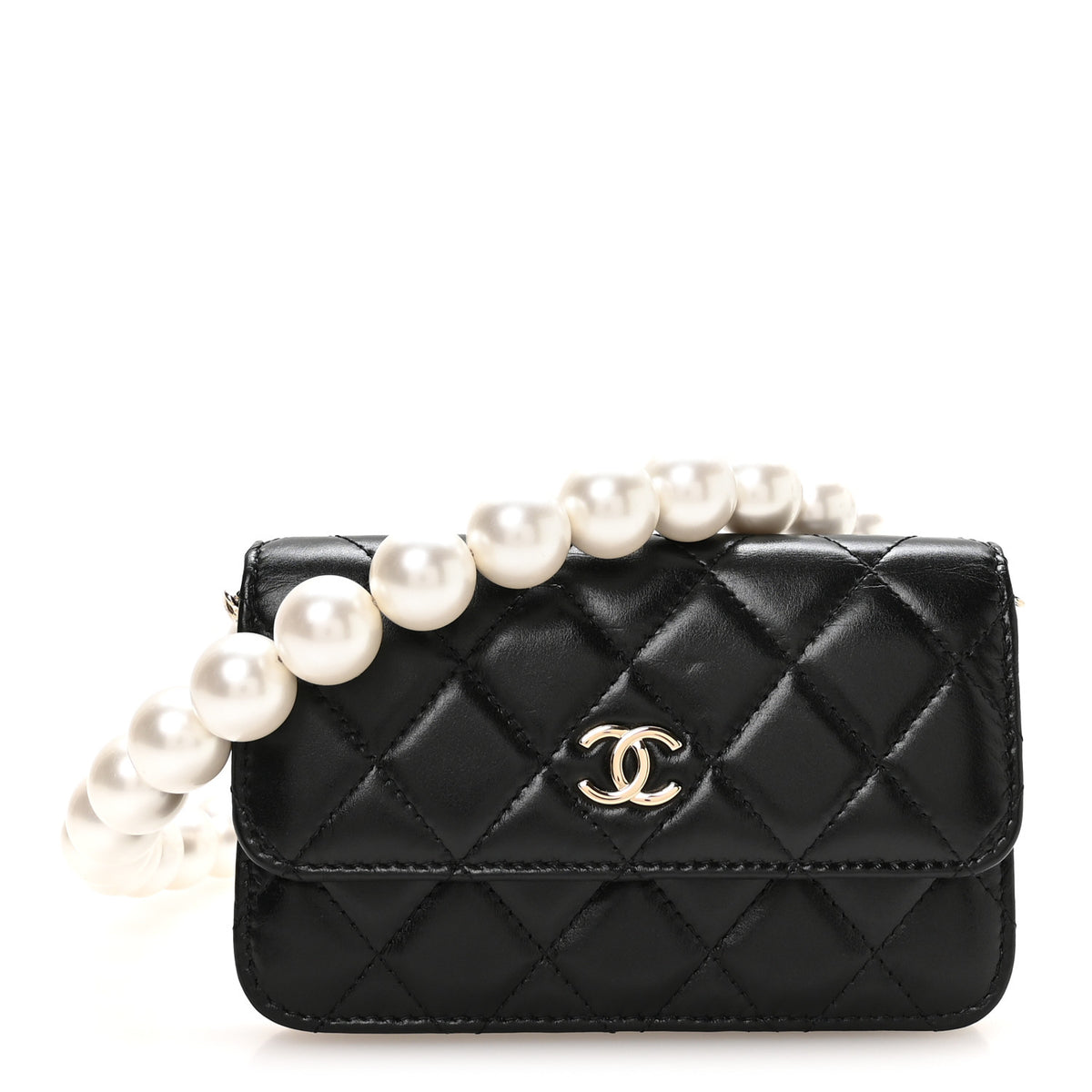 Calfskin Quilted Mini Maxi Pearls Wallet On Chain WOC Black