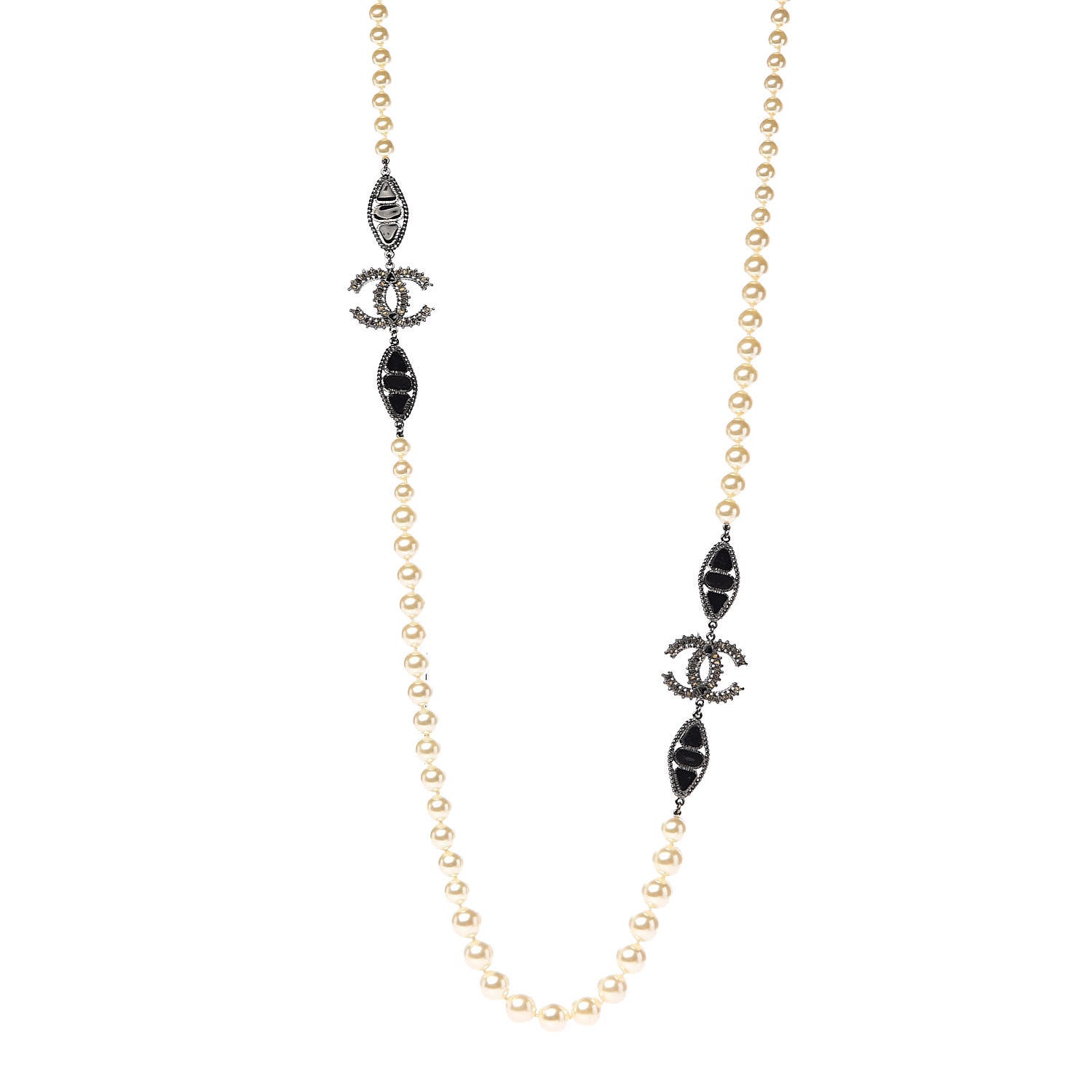 Chanel Pearl Bead Enamel CC Long Necklace Black White 1 of 5