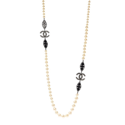Chanel Pearl Bead Enamel CC Long Necklace Black White 1 of 5