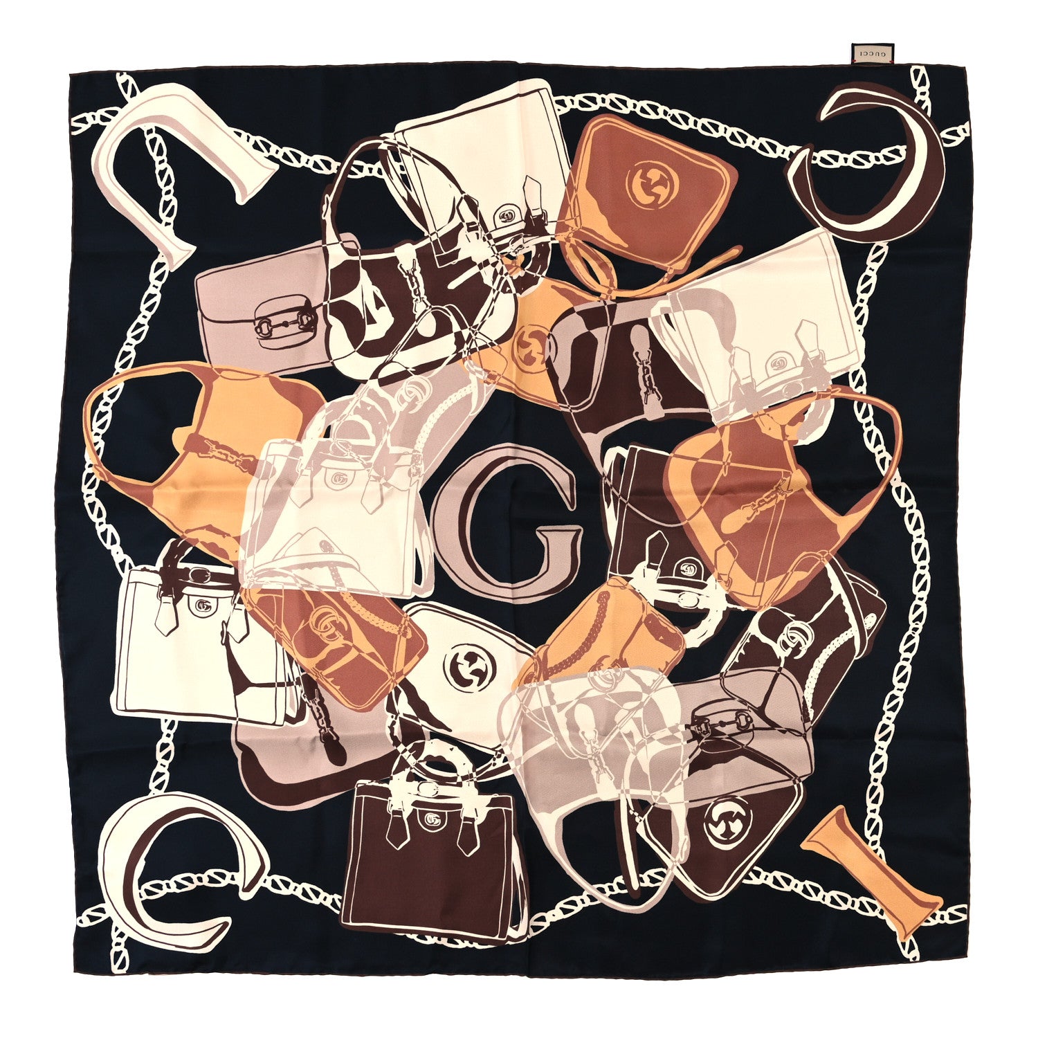 Gucci Silk Twill Bag Print Square Scarf Navy Light Brown 1 of 3