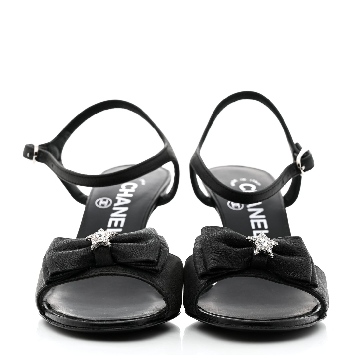 Crepe Grosgrain Crystal Bow Open Toe Sandals 35 Black