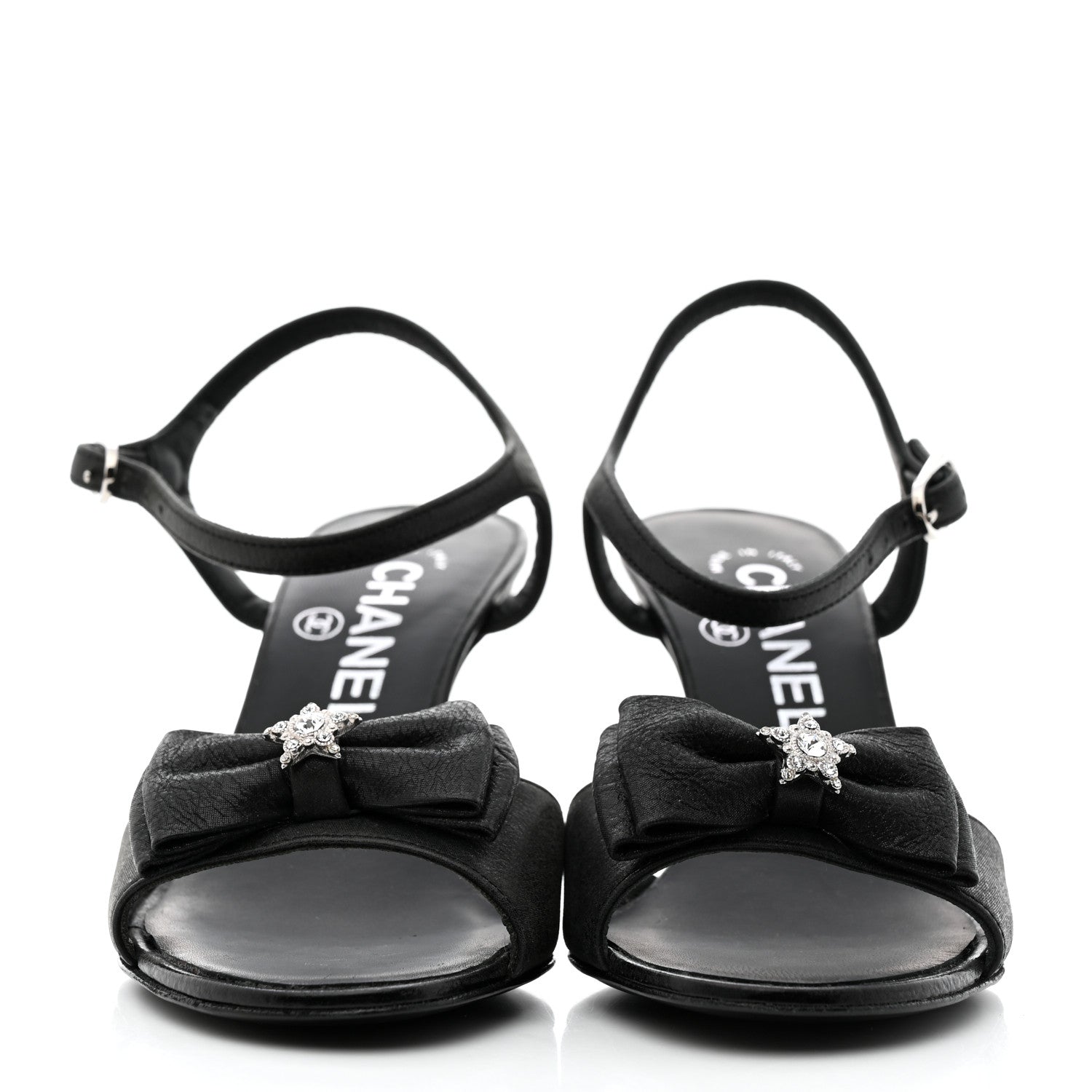 Chanel Crepe Grosgrain Crystal Bow Open Toe Sandals 35 Black 2 of 9