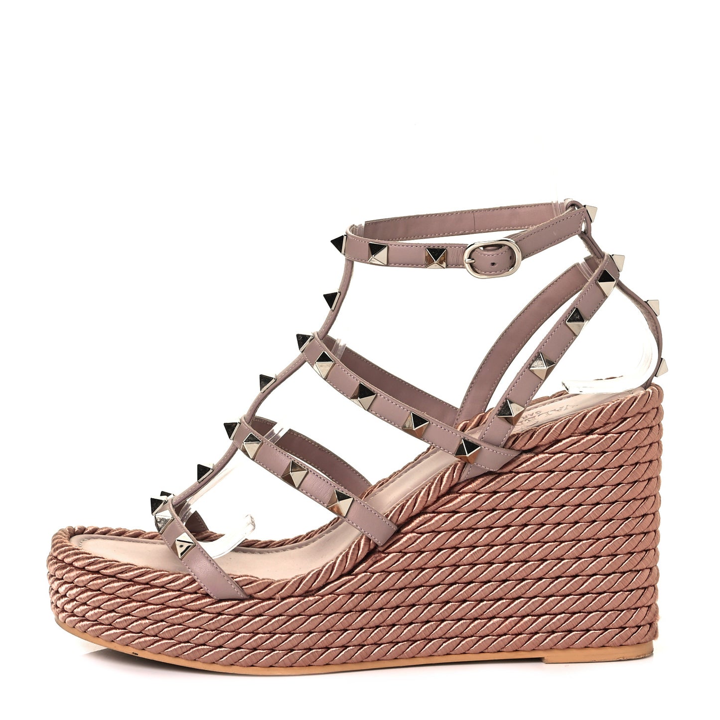 Calfskin Rockstud Ankle Strap Torchon Espadrille Caged 25/95mm Wedge Sandals 38 Poudre
