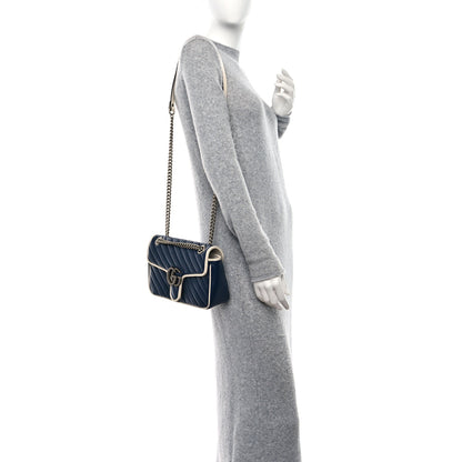 Gucci Vintage Effect Calfskin Matelasse Diagonal Small Torchon GG Marmont Shoulder Bag Blue Agata Mystic White 2 of 10
