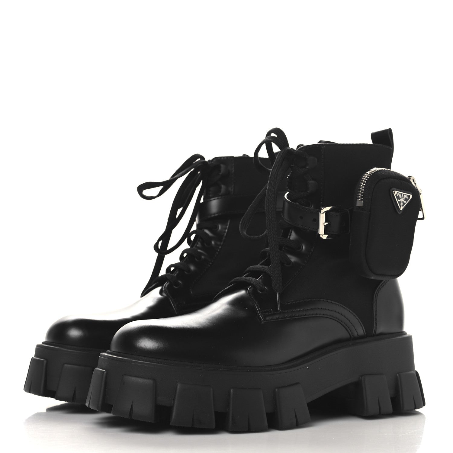 Prada Spazzolato Rois Re-Nylon Metal Triangle Logo Monolith Pouch Pocket 55mm Boots 39.5 Black 3 of 9
