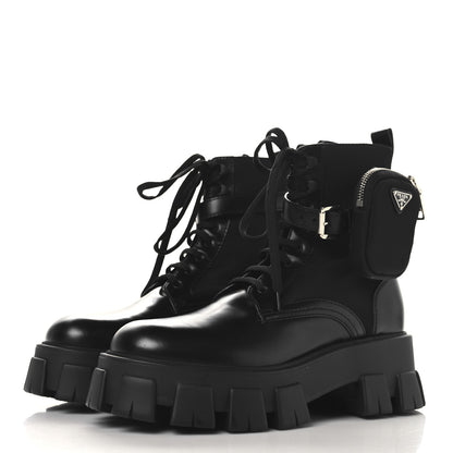 Prada Spazzolato Rois Re-Nylon Metal Triangle Logo Monolith Pouch Pocket 55mm Boots 39.5 Black 3 of 9
