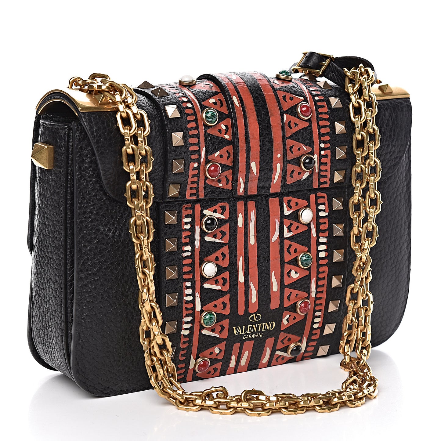 Calfskin Tribal B-Rockstud Rolling Flap Black