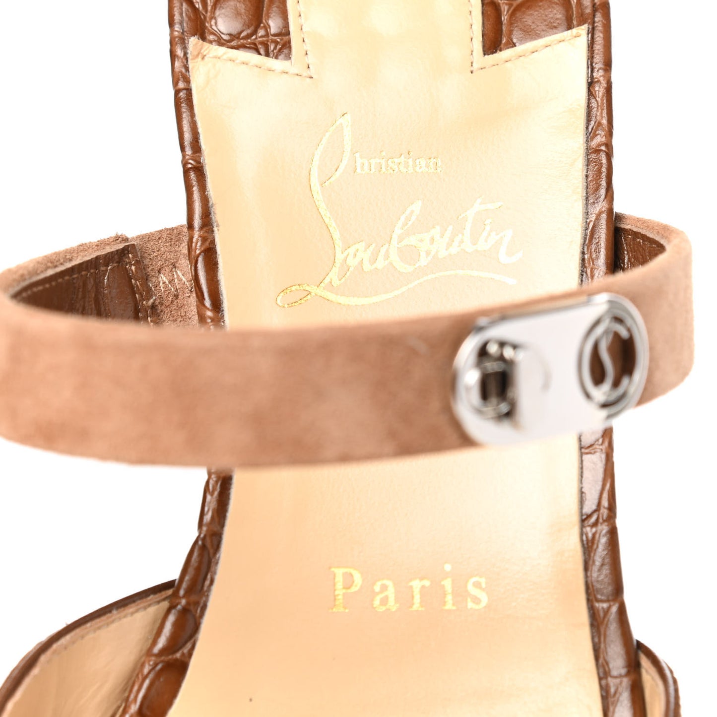 Calfskin Crocodile Embossed Choc Lock Flats 38.5 Biscotto