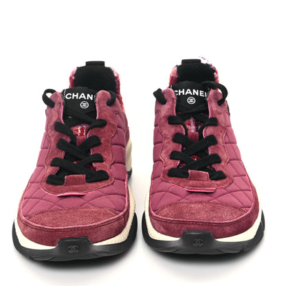 Chanel Tweed Suede Calfskin Grained Calfskin Womens CC Sneakers 41 Burgundy Black Silver 2 of 10