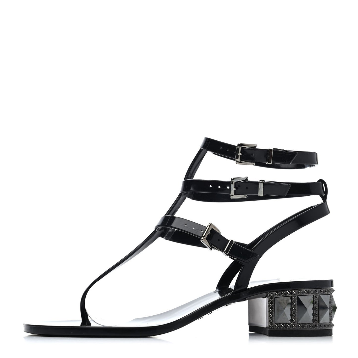 PVC Jelly Studded Ankle Wrap Low Heel Thong Sandals 37 Black