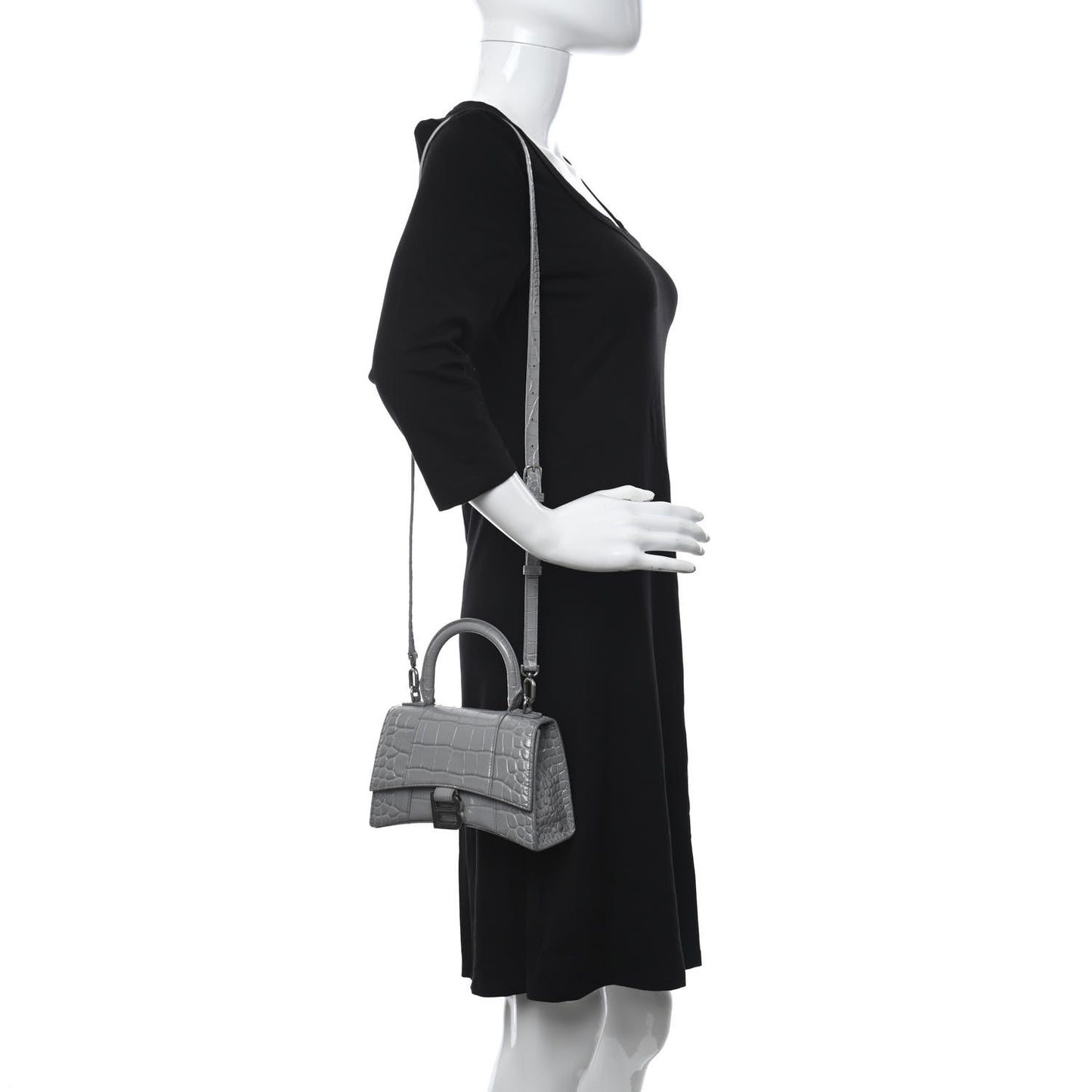 Shiny Calfskin Crocodile Embossed Hourglass Top Handle Bag XS Balenciaga Grey