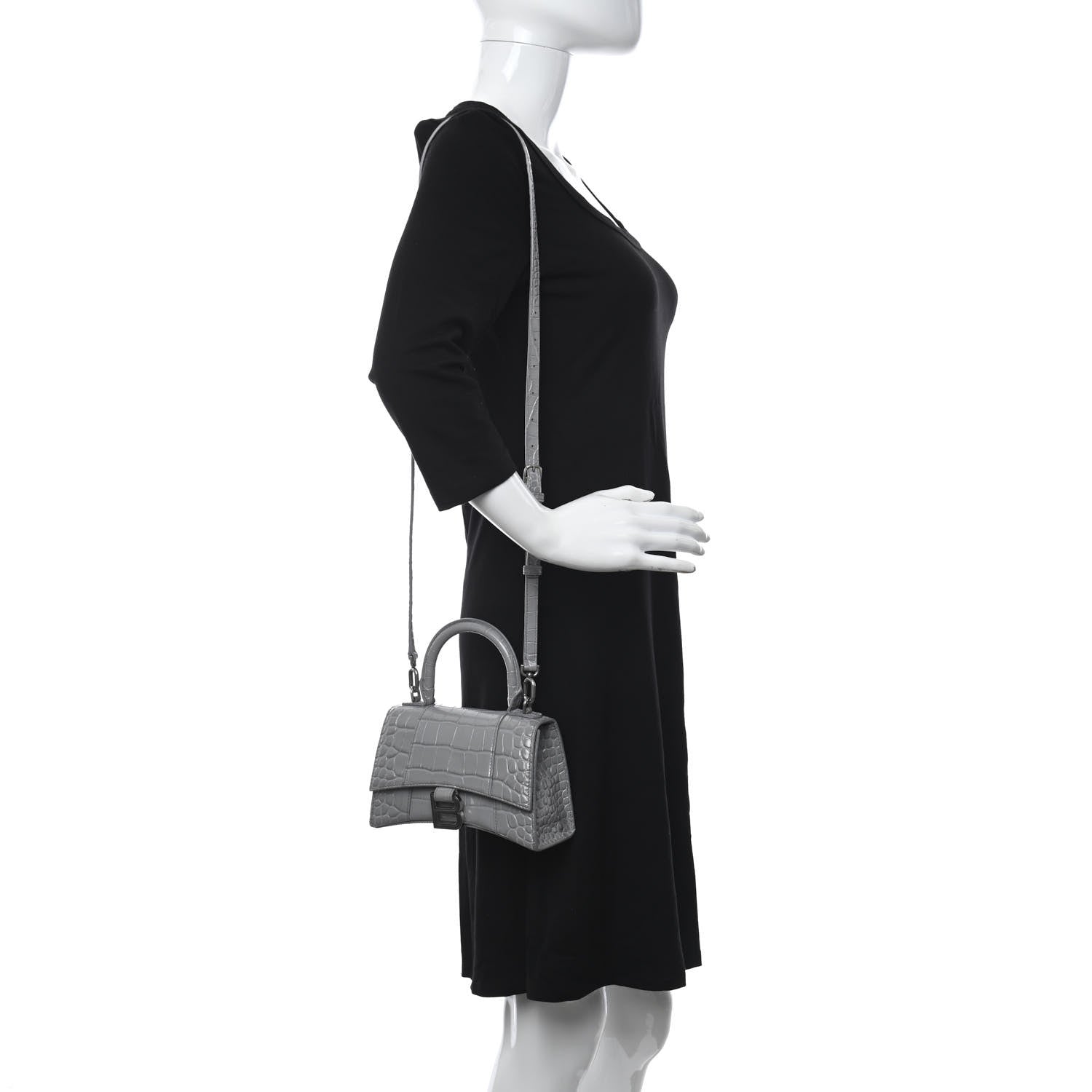 Balenciaga Shiny Calfskin Crocodile Embossed Hourglass Top Handle Bag XS Balenciaga Grey 2 of 12