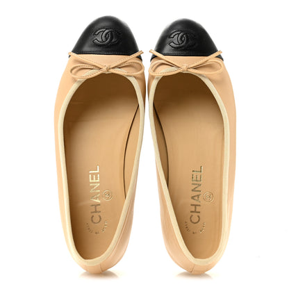 Chanel Lambskin Cap Toe CC Ballerina Flats 37.5 Beige Black 2 of 9
