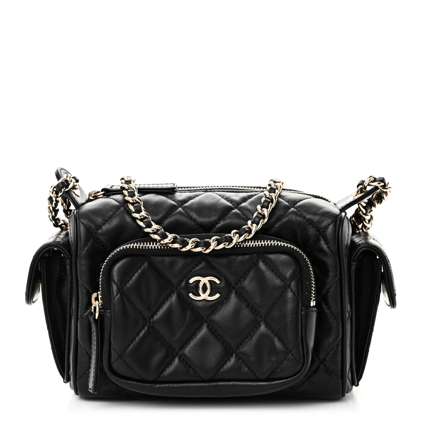 Shiny Crumpled Lambskin Quilted Small Preppy Pocket Camera Case Black