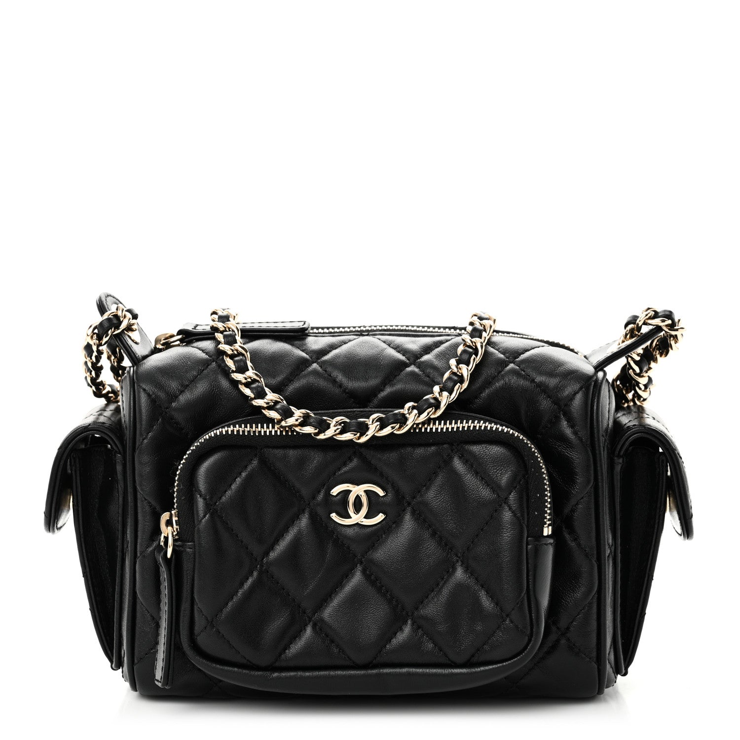 Chanel Shiny Crumpled Lambskin Quilted Small Preppy Pocket Camera Case Black 1 of 10