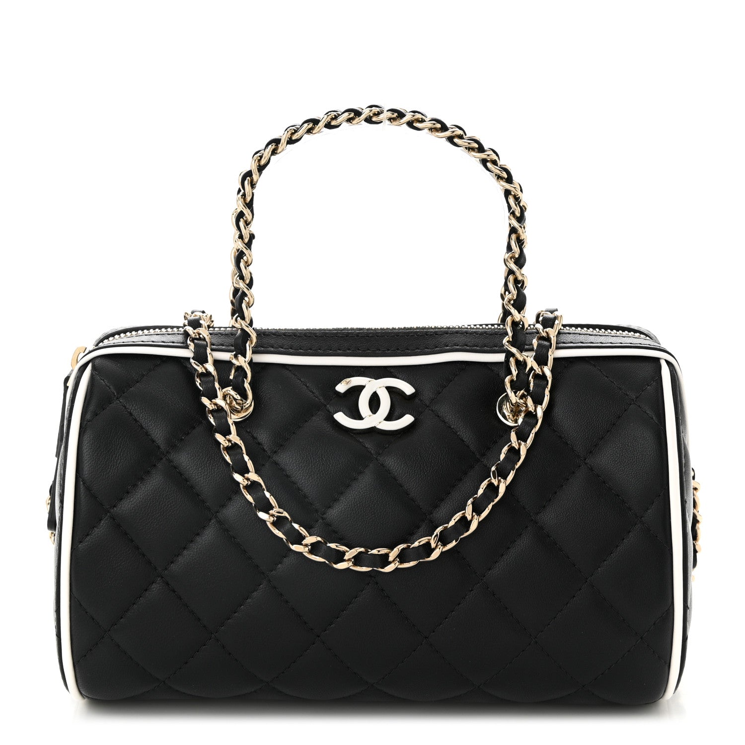 Chanel Lambskin Quilted Resin CC Mini Bowling Clutch With Chain Black White 1 of 10
