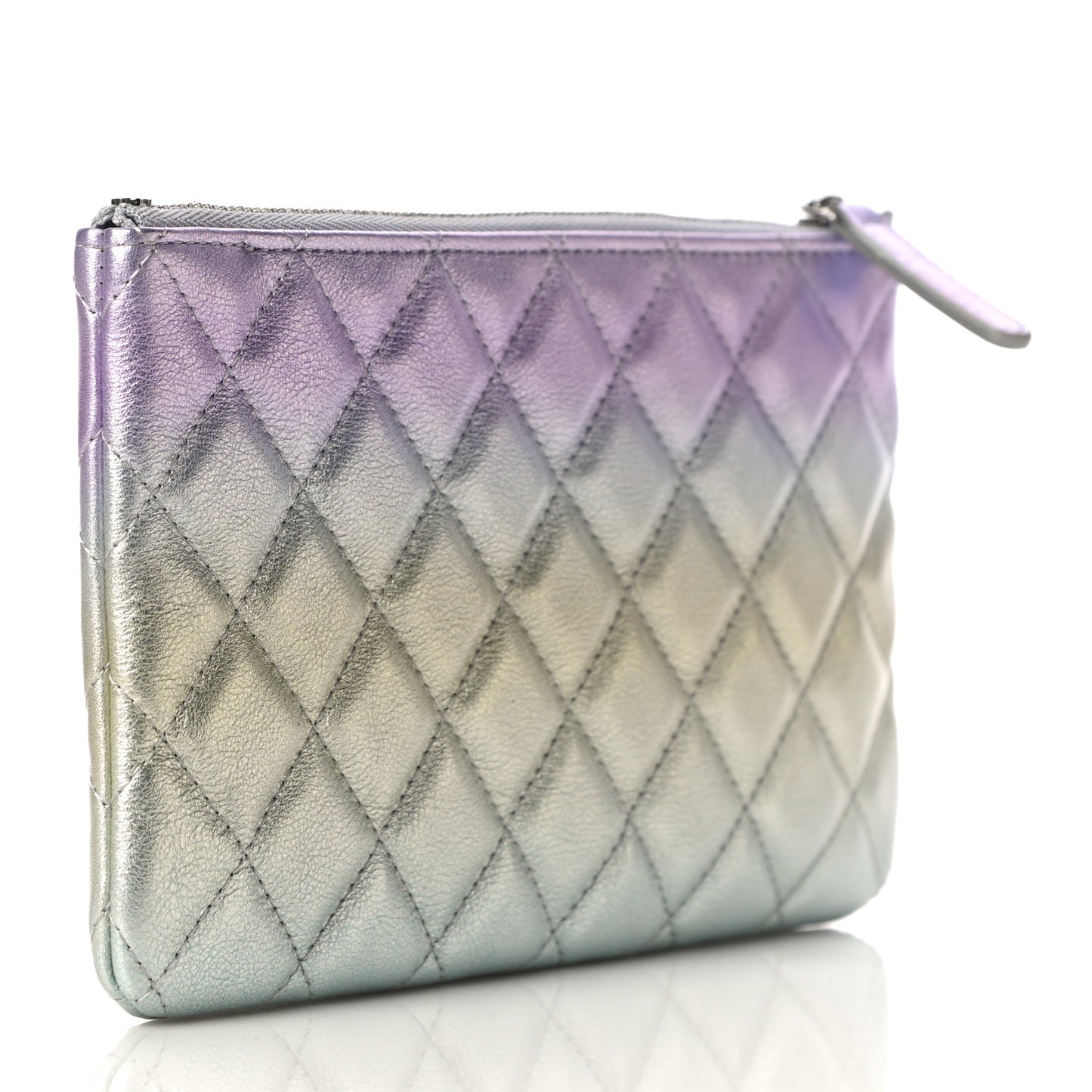 Gradient Metallic Calfskin Quilted Cosmetic Case Silver Blue Yellow Purple