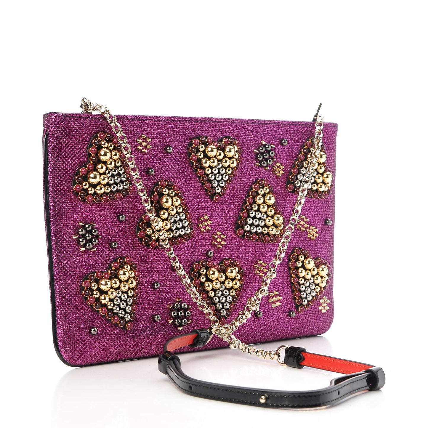 Metallic Raffia Studded Loubiposh Chain Clutch Magenta
