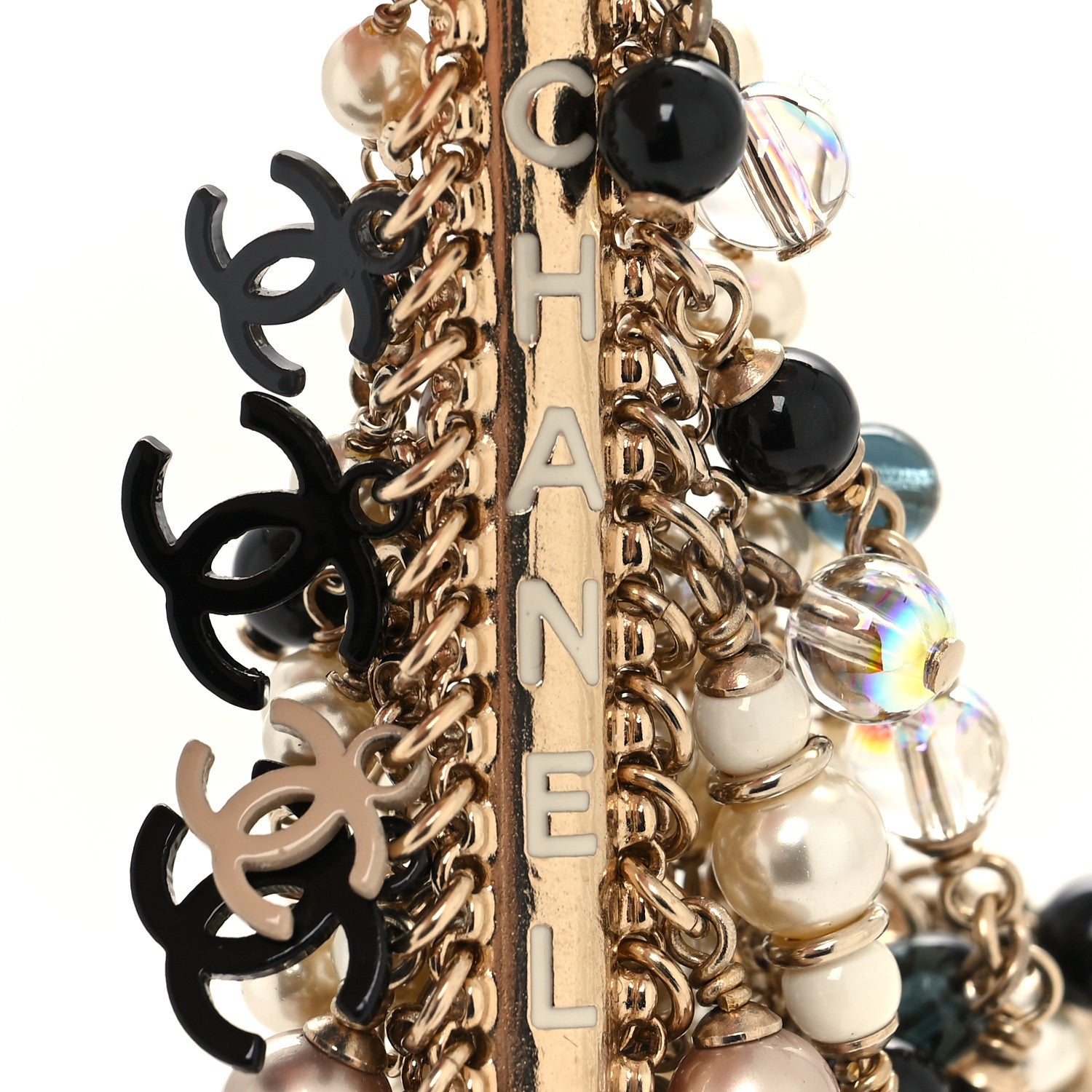 Chanel Pearl Bead Crystal CC Multi Strand Chain Bracelet Black White Gold 5 of 5