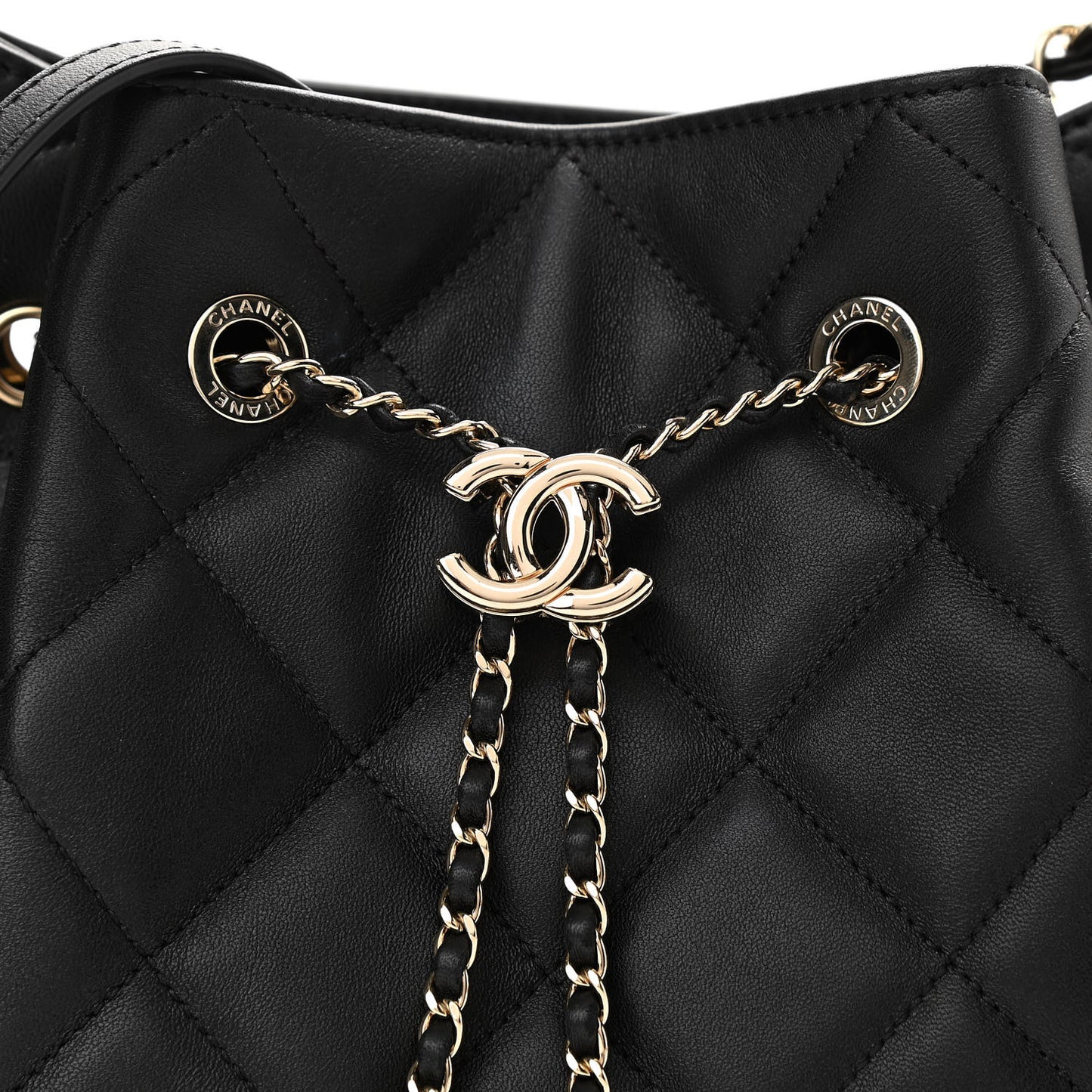 Lambskin Quilted CC Dweller Drawstring Bucket Bag Black