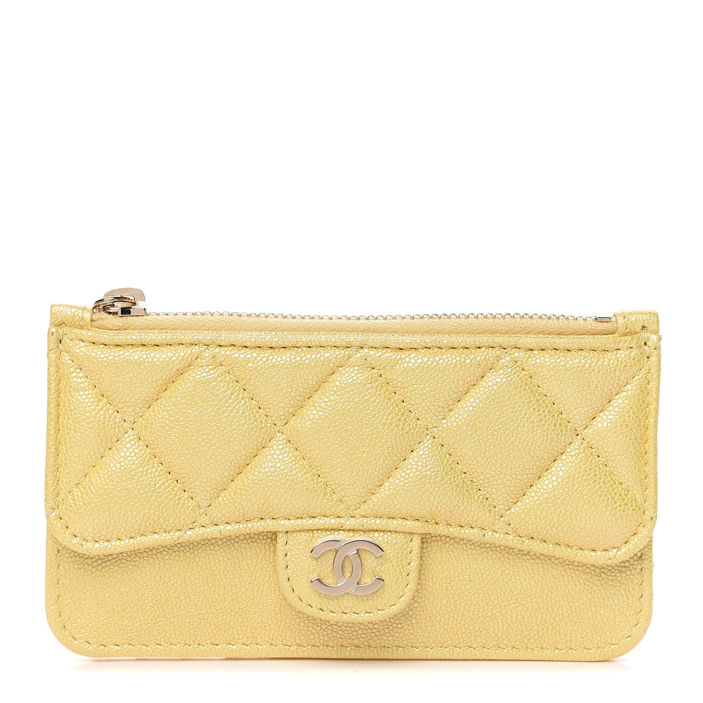 Iridescent Caviar Quilted Flap Zip Card Holder Yellow