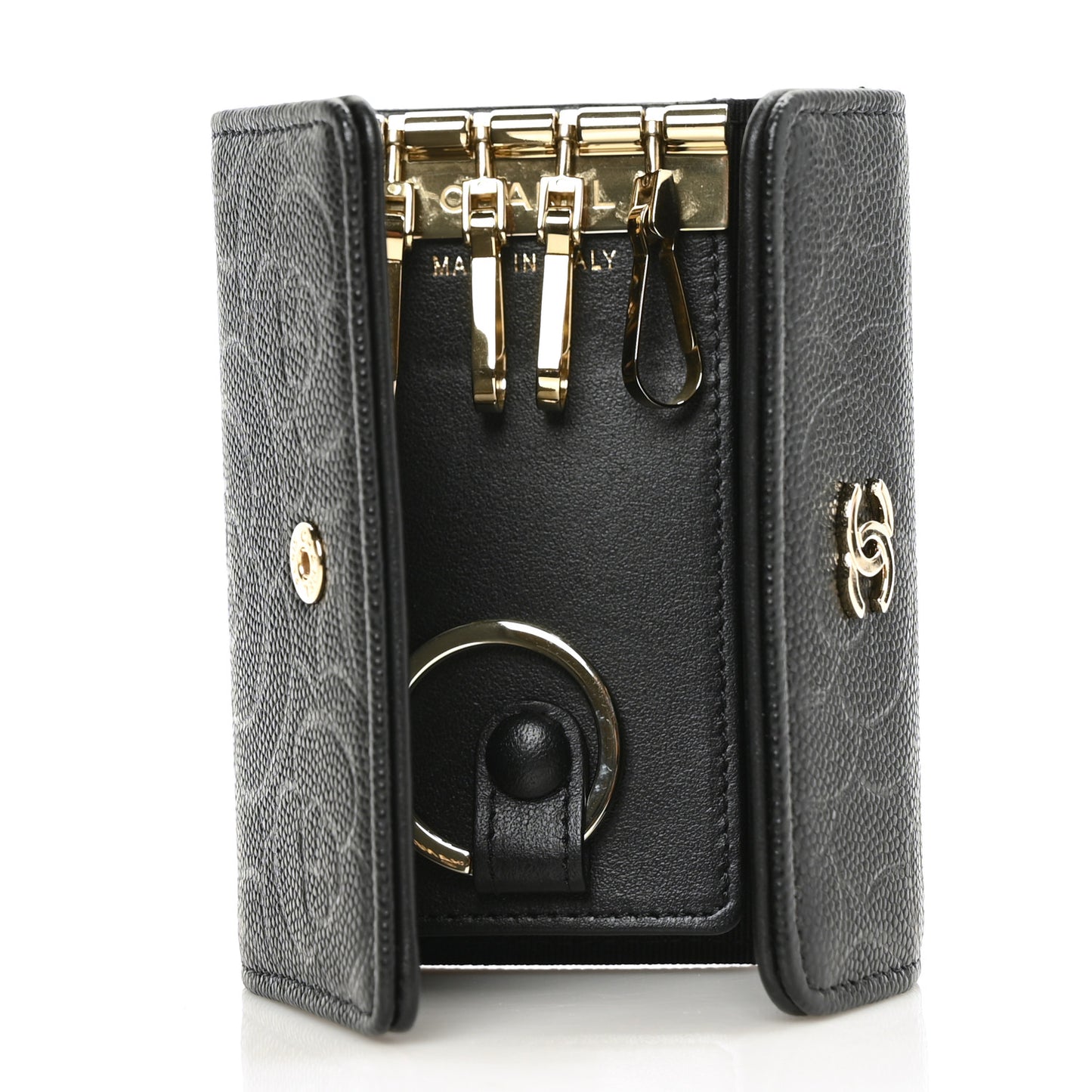 Caviar Embossed Camellia 4 Key Holder Case Black