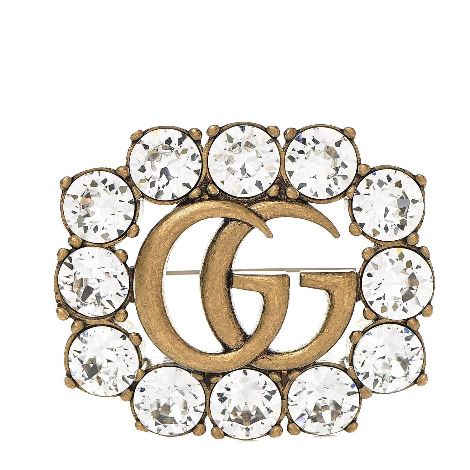 Gucci Metal Crystal Double G Brooch Aged Gold 1 of 5