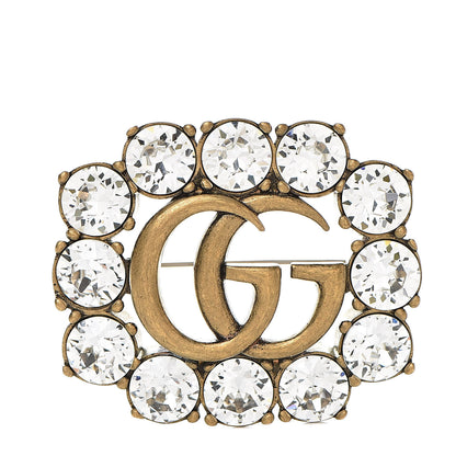 Gucci Metal Crystal Double G Brooch Aged Gold 1 of 5