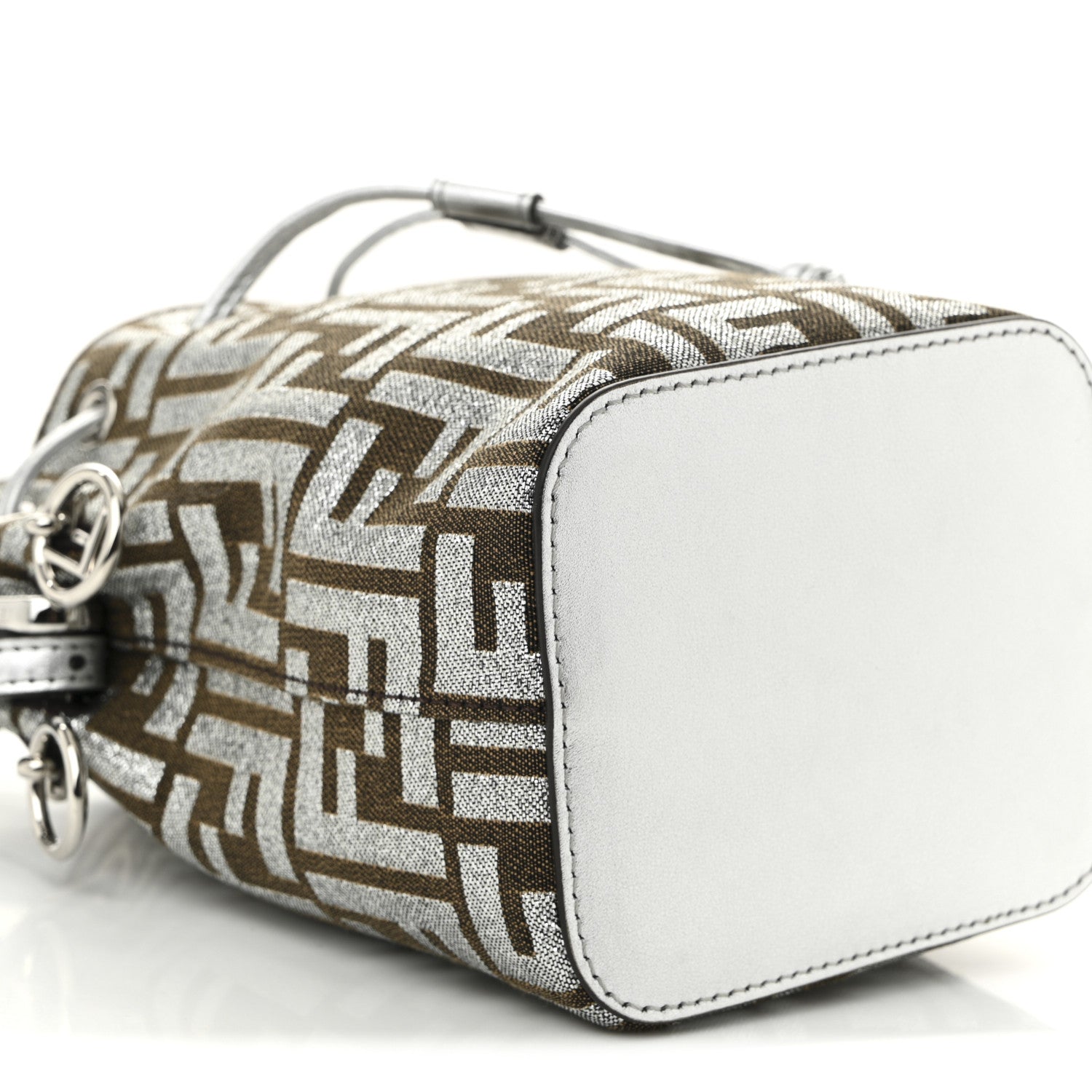 Fendi Vitello Catalan Mirror Canvas Fabric Jacquard FF 1974 Mini Mon Tresor Bucket Bag Ebano Argento 9 of 10