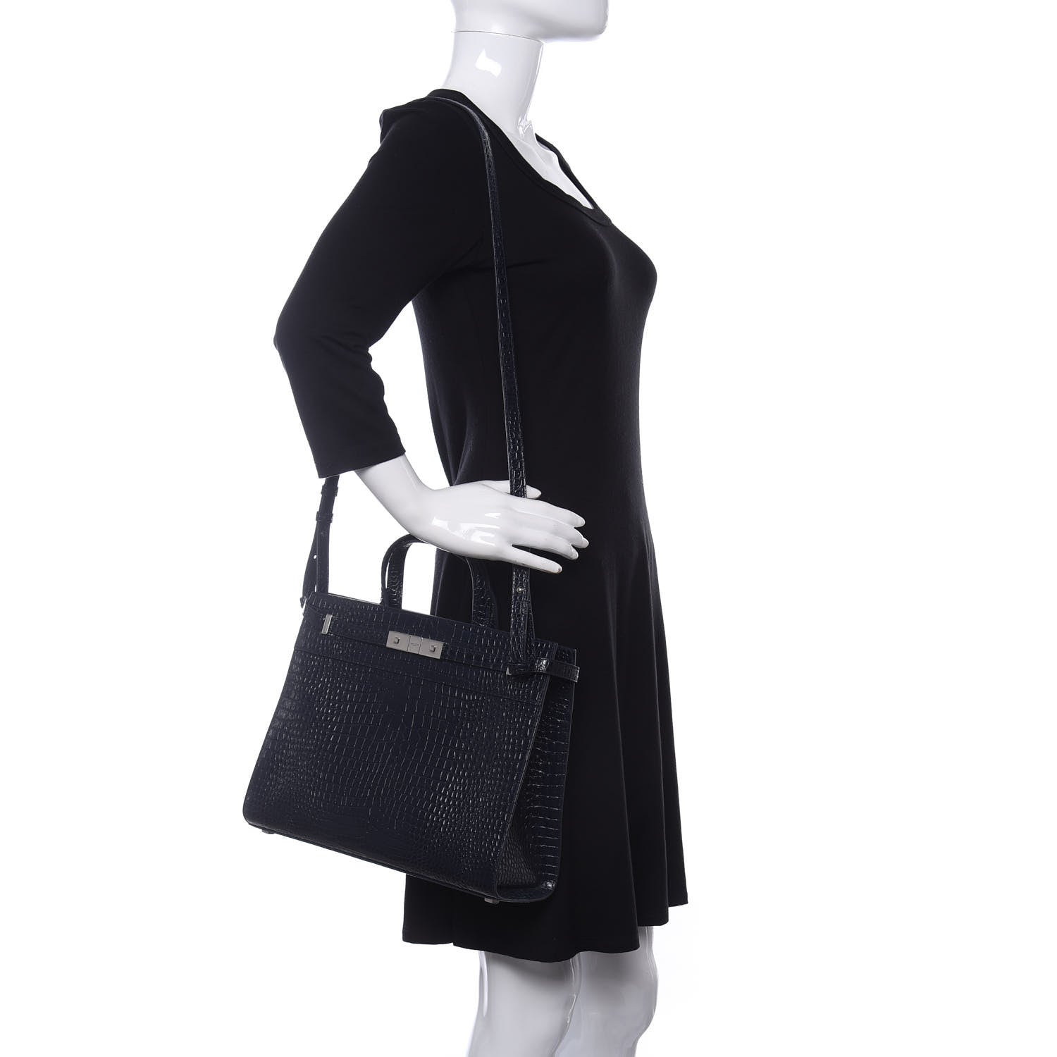 Saint Laurent Shiny Calfskin Crocodile Embossed Small Manhattan Shopper Tote Deep Marine 2 of 10