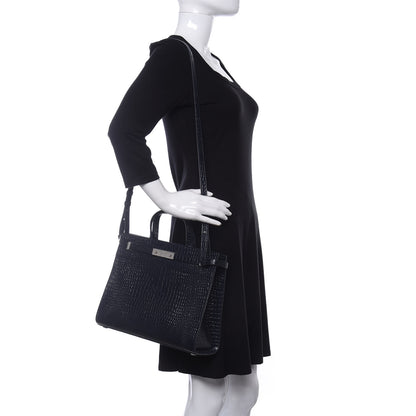 Saint Laurent Shiny Calfskin Crocodile Embossed Small Manhattan Shopper Tote Deep Marine 2 of 10